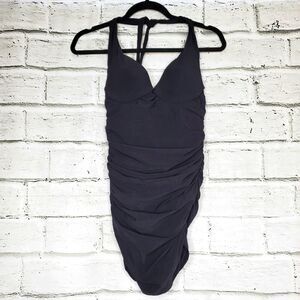 Natori Black one piece Ruched plunge Bathing Suit size 8 b/c halter top